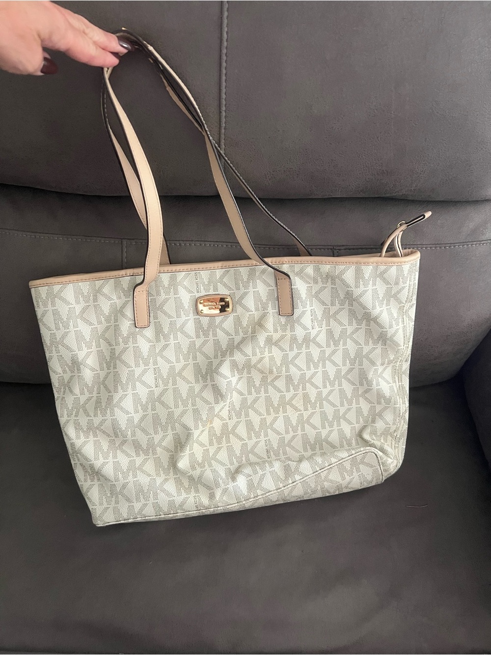 Michael Kors Light Beige MK Logo Tote with Tan Trim